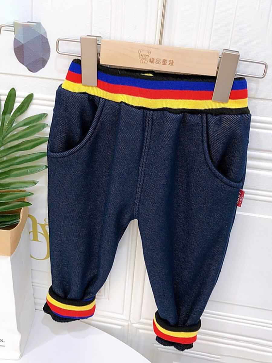 

Lovely Trendy Rainbow Striped Dark Blue Boy Jeans