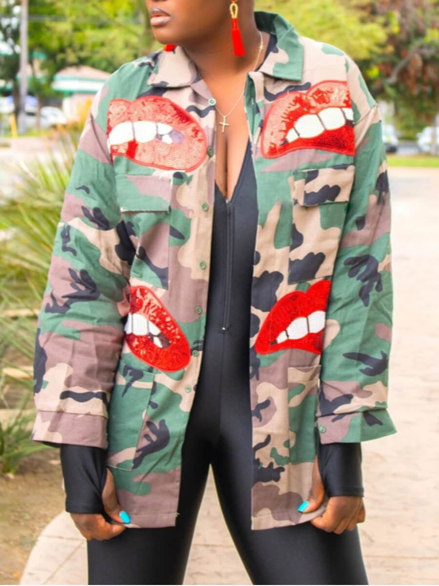 

Lovely Trendy Turndown Collar Camo Print Army Green Plus Size Coat, Army green camouflag