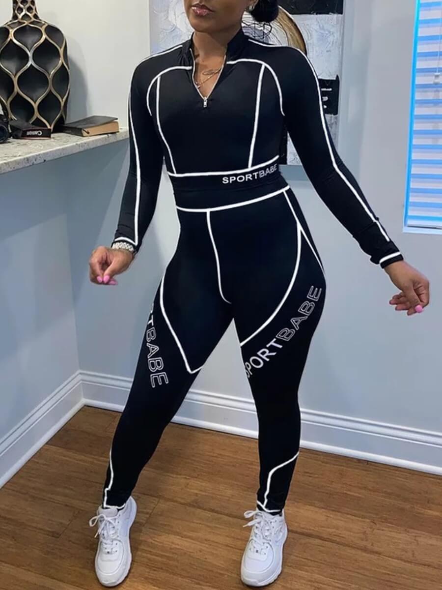 

Lovely Sportswear Letter Print Patchwork Black Two Piece Pants Set