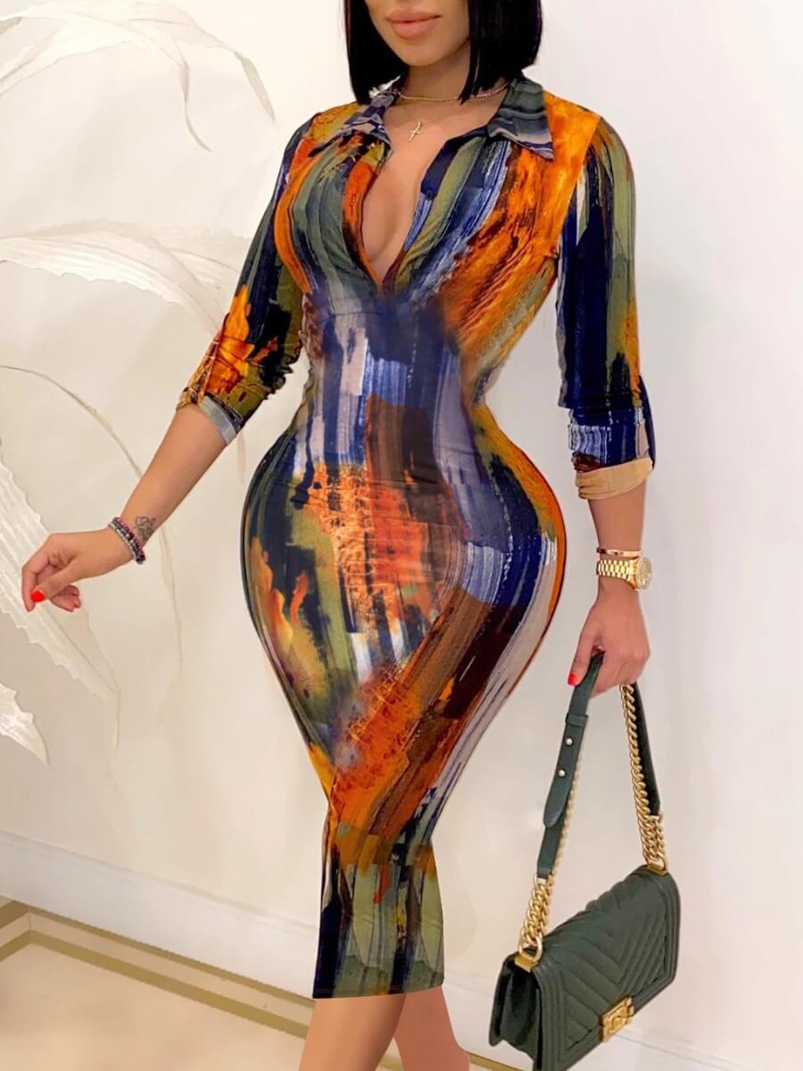 

Lovely Trendy Turndown Collar Tie-dye Orange Mid Calf Dress