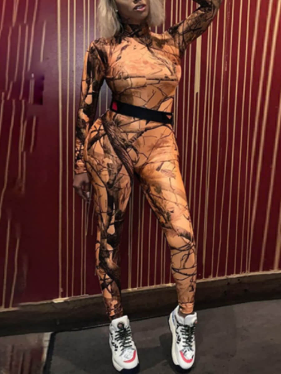 

Lovely Street Turtleneck Full Print Orange One-piece Jumpsuit
