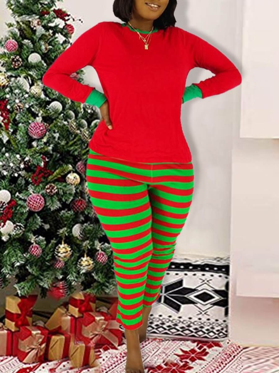 

Lovely Leisure O Neck Striped Print Red Sleepwear