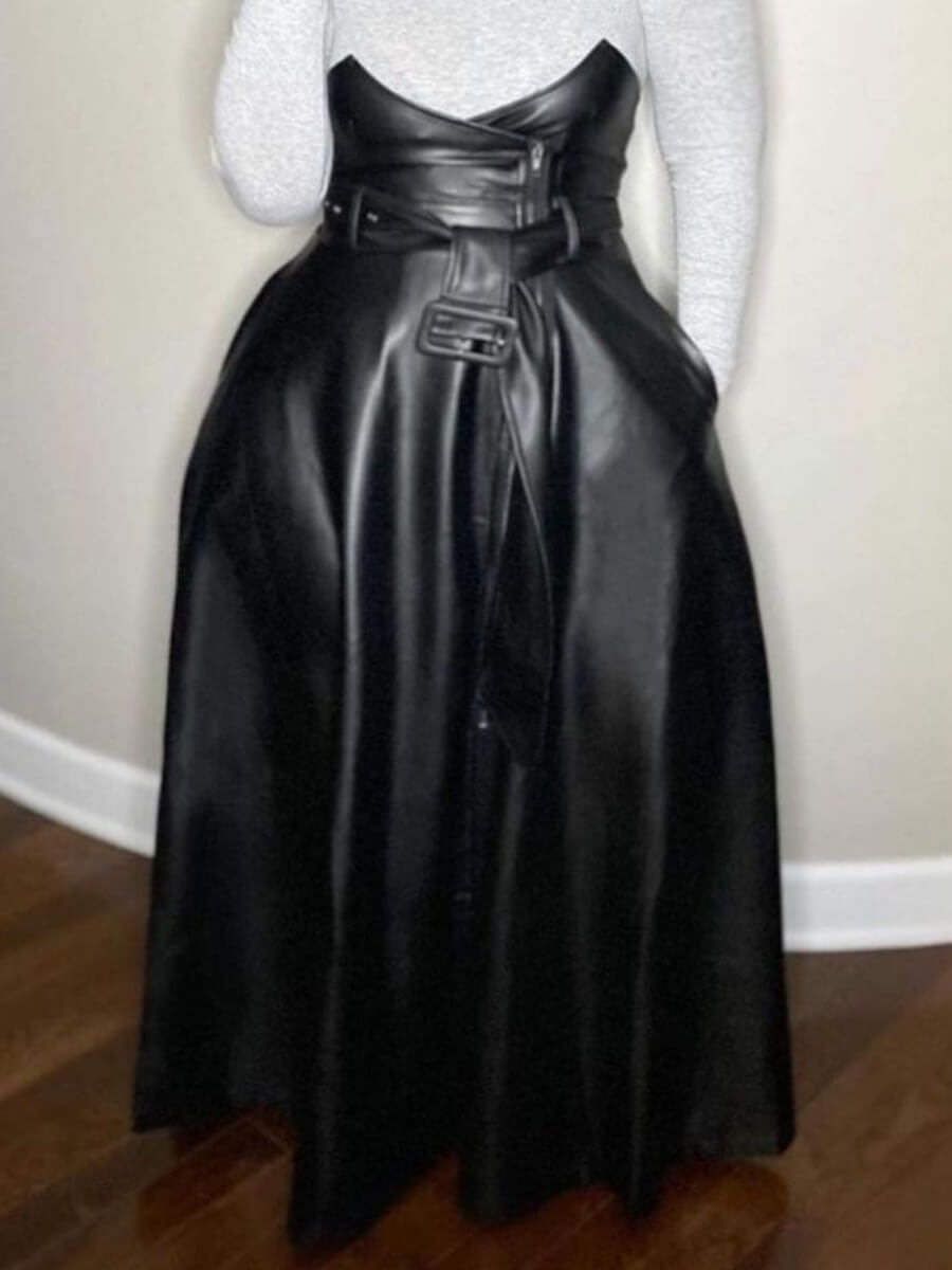 

LW BASICS Formal Belt Design Loose Black Floor Length A Line Skirt