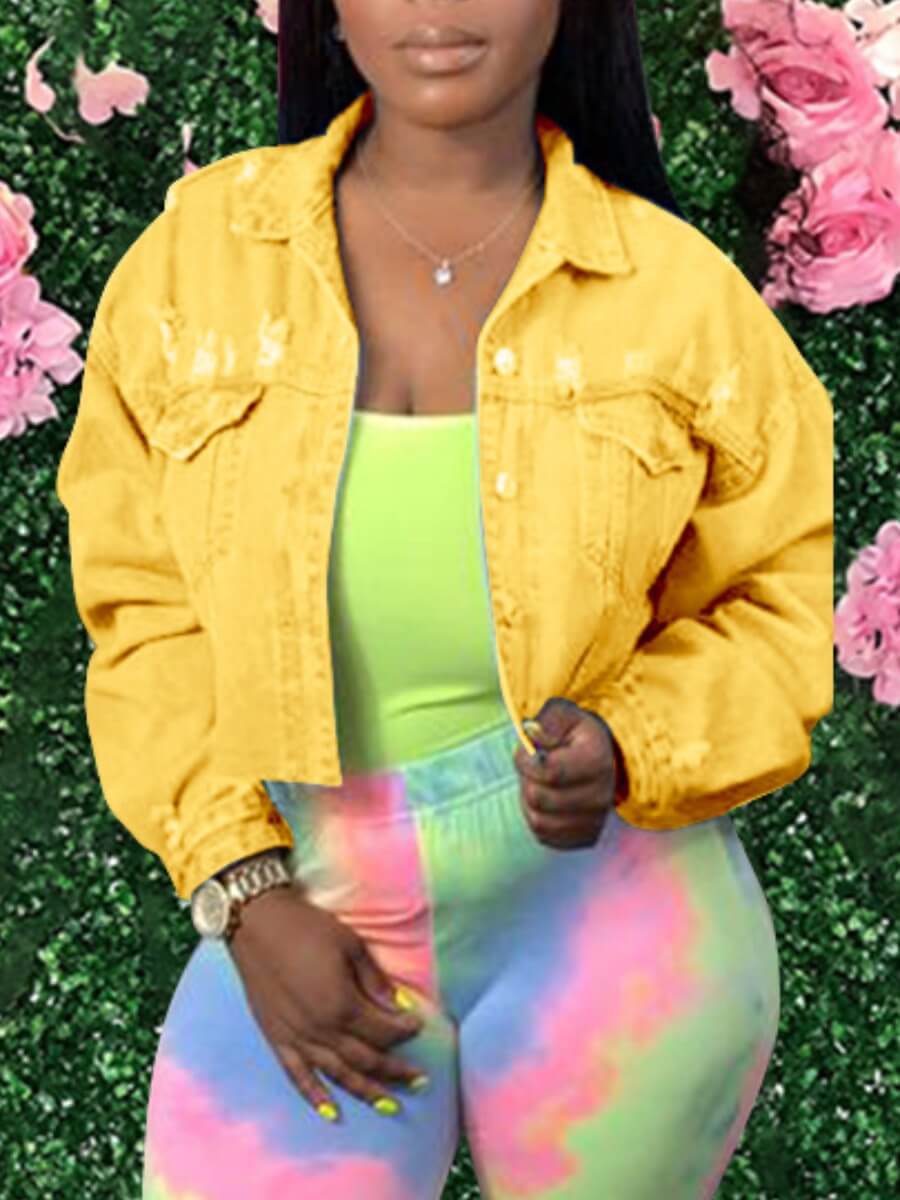 

Lovely Trendy Turndown Collar Broken Holes Yellow Denim Jacket