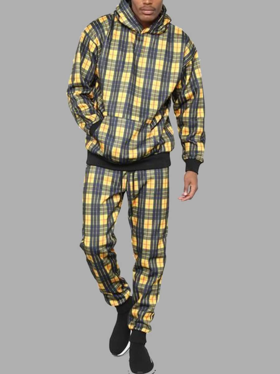 

Lovely Stylish Hooded Collar Grid Print Yellow Men Two-piece Pants Set
