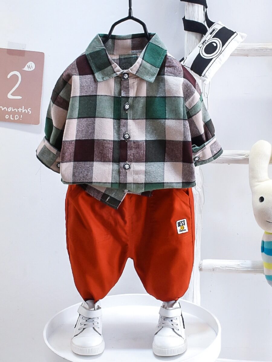

Lovely Casual Plaid Print Button Design Green Boy Two Piece Pants Set