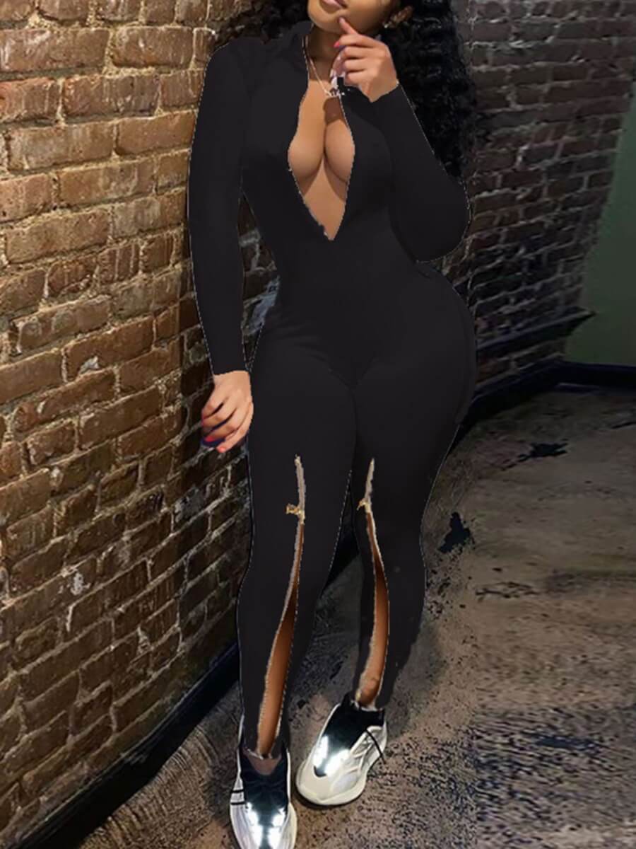 

Lovely Trendy Zipper Design Black One-piece Jumpsuit
