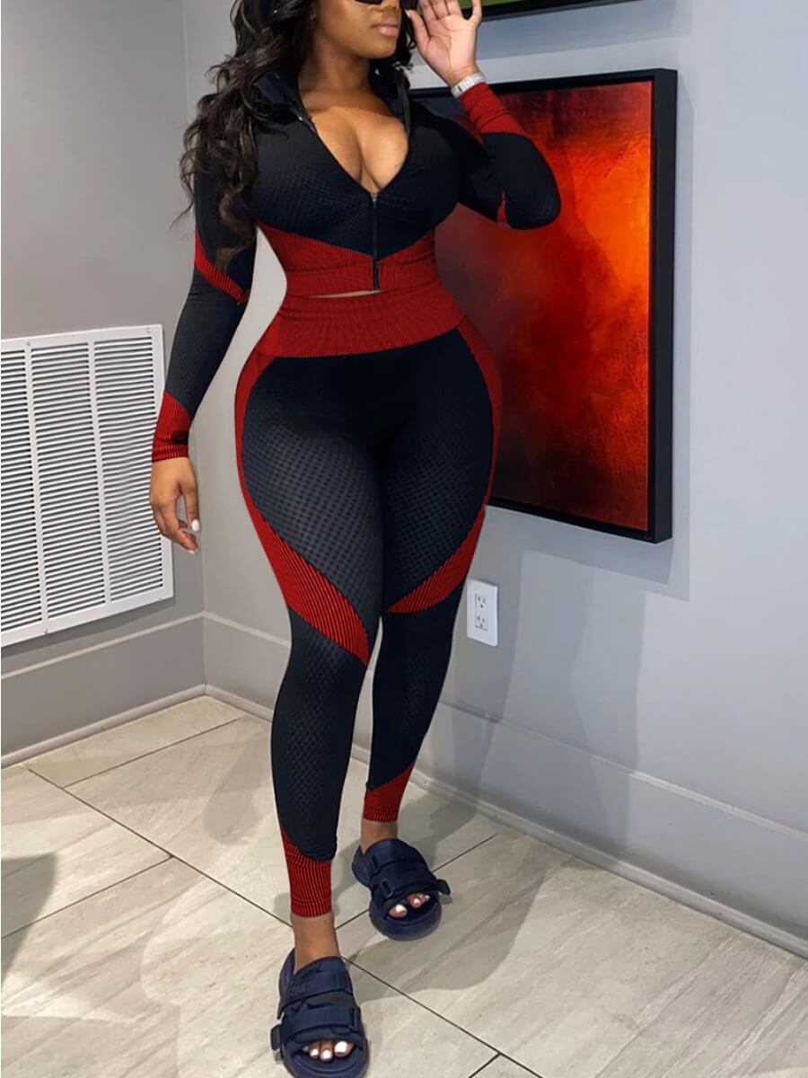 

Lovely Chic Striped Patchwork Skinny Red Plus Size Two-piece Pants Set