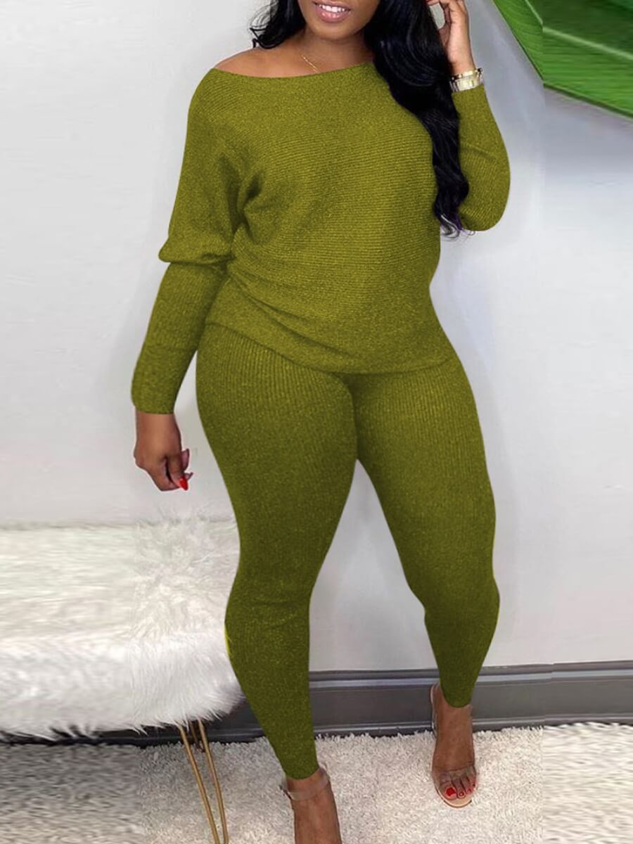 

Lovely Casual Boat Neck Long Sleeve Black Green Two Piece Pants Set