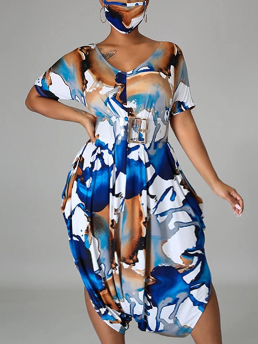 

Lovely Stylish V Neck Print Blue Knee Length Plus Size Dress