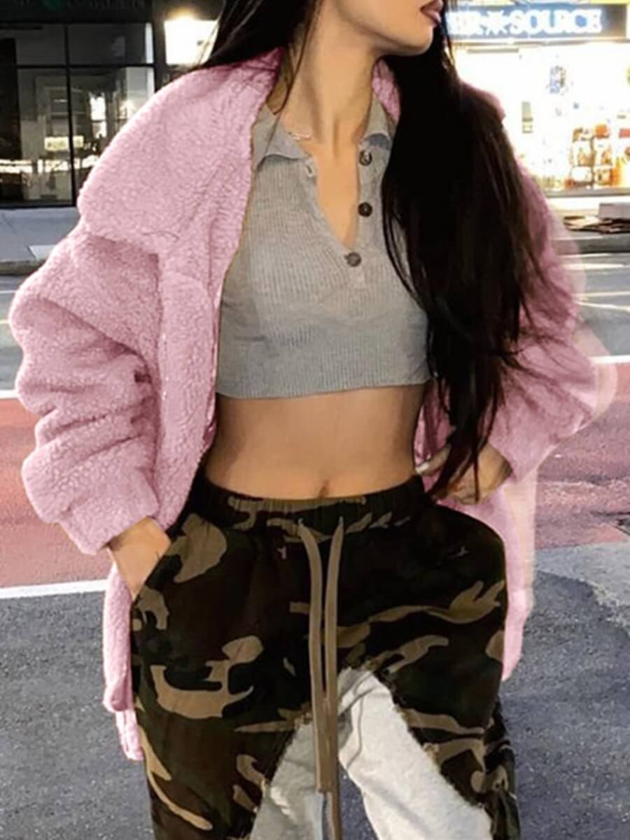 

Lovely Casual Turndown Collar Pink Faux Fur