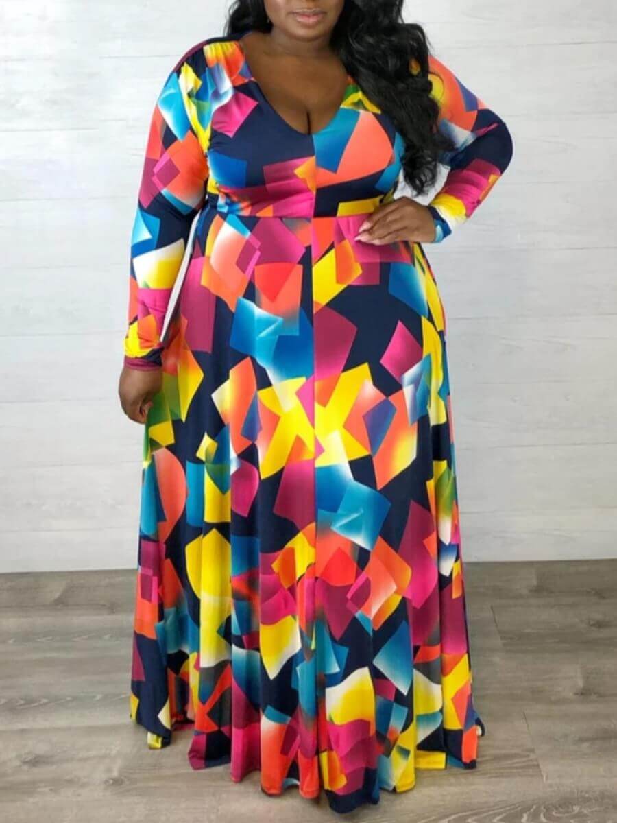 

Lovely Party V Neck Print Multicolor Floor Length A Line Plus Size Dress, Multi