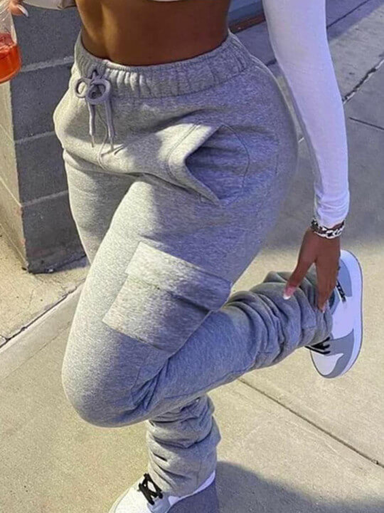 

Lovely Casual Side Pocket Drawstring Grey Plus Size Pants
