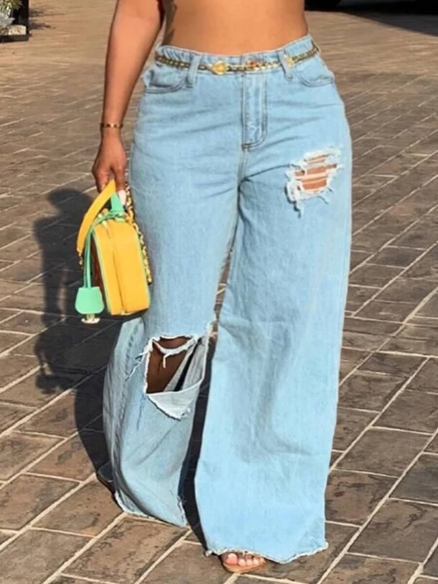 

LW BASICS Plus Size Street Hollow-out Blue Jeans