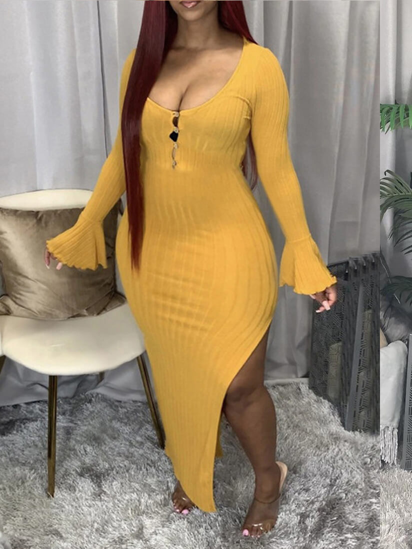 

Lovely Sexy U Neck Side High Slit Yellow Ankle Length Plus Size Dress