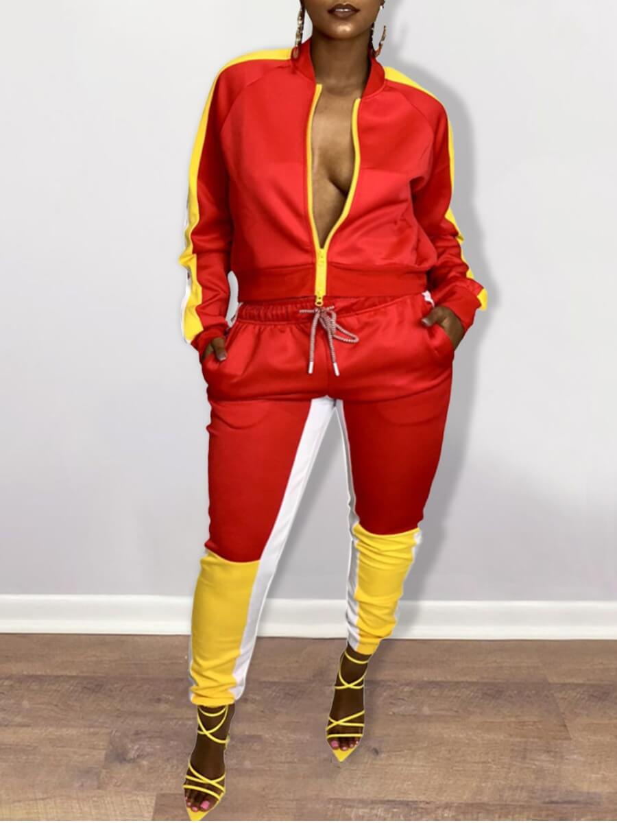 

Lovely Casual Patchwork Zipper Design Red Plus Size Two-piece Pants Set
