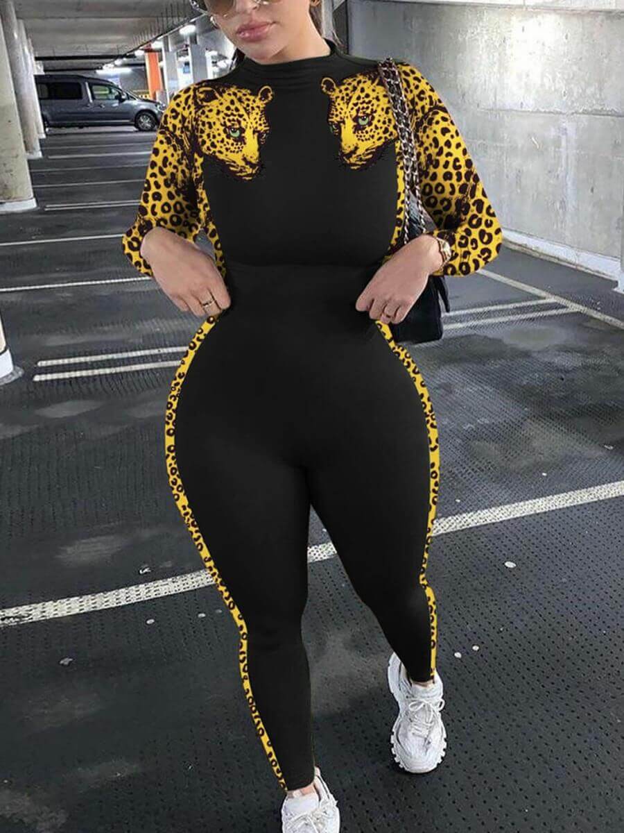 

Lovely Chic Leopard Print Patchwork Black One-piece Jumpsuit