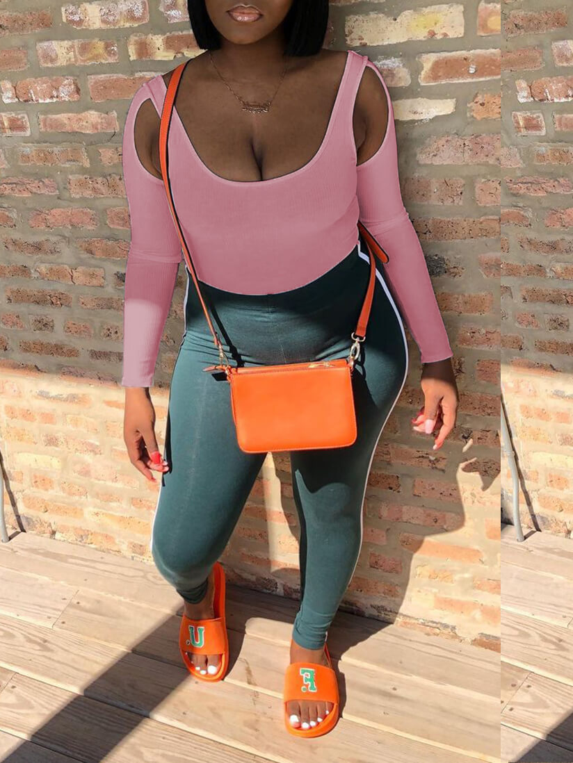 

Lovely Sportswear Hollow-out Striped Patchwork Pink Two Piece Pants Set