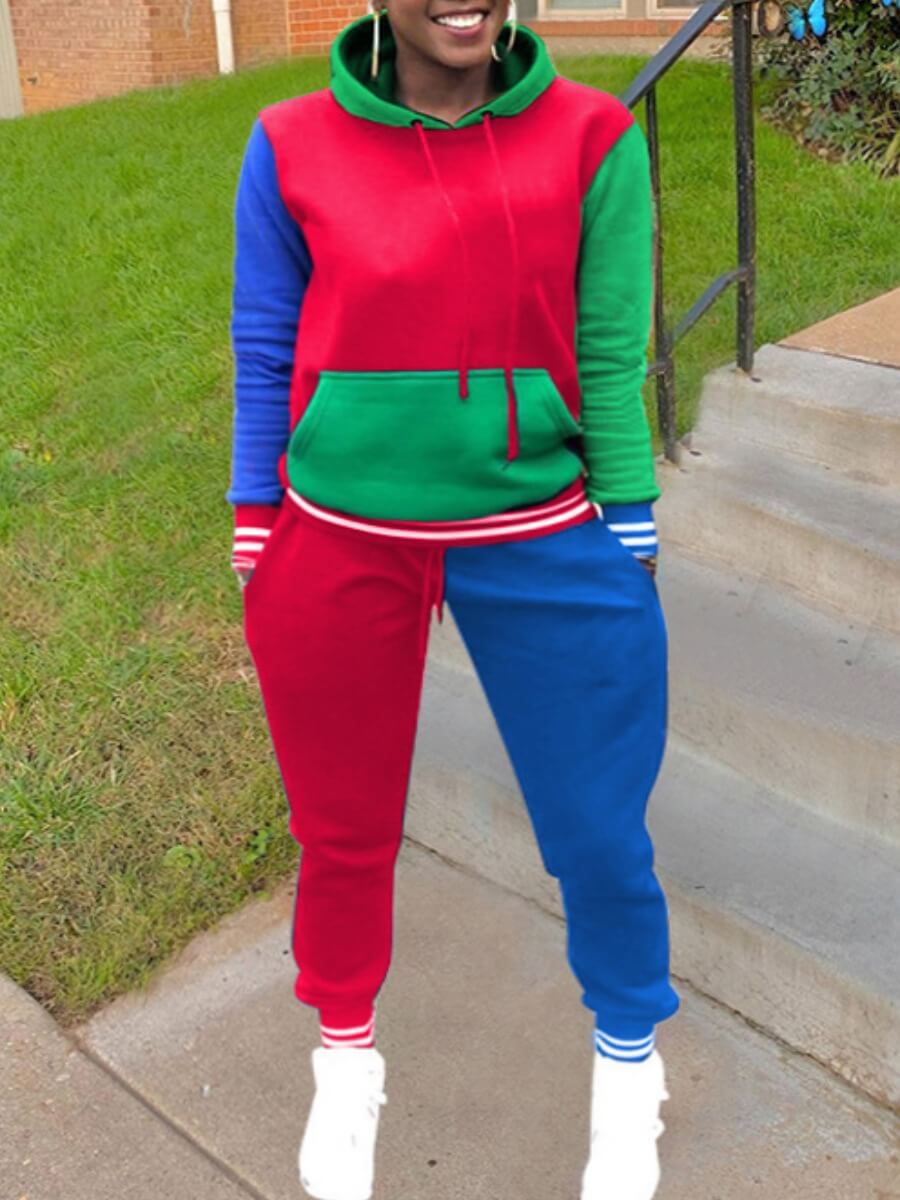 

Lovely Sportswear Kangaroo Pocket Patchwork Red Two Piece Pants Set