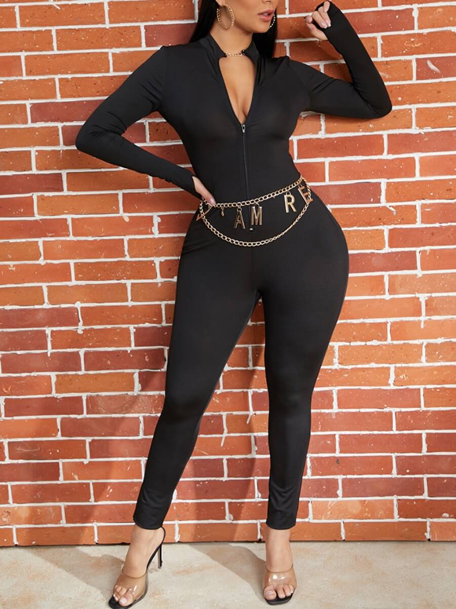 

Lovely Sportswear Zipper Design Black One-piece Jumpsuit(Without Waist Chain