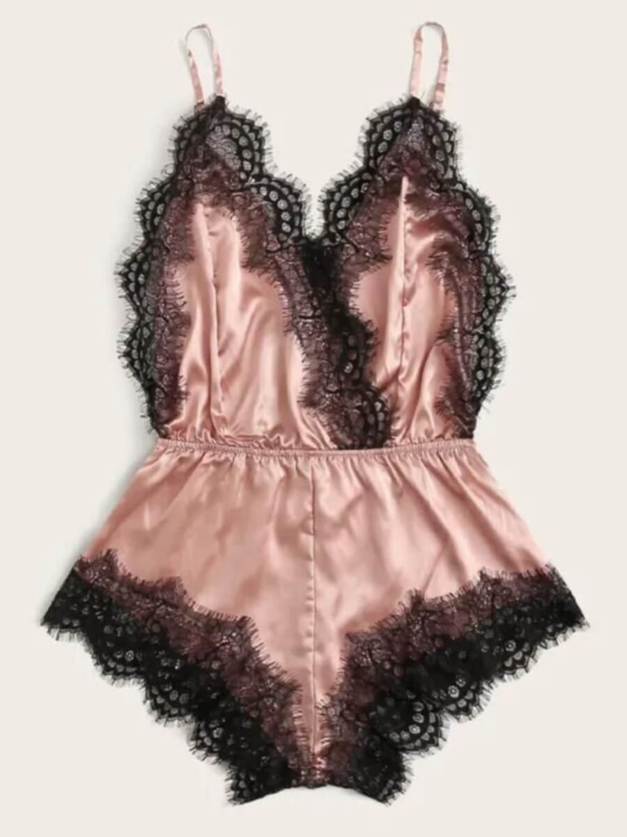 

Lovely Sexy Spaghetti Strap Lace Patchwork Pink Sleepwear