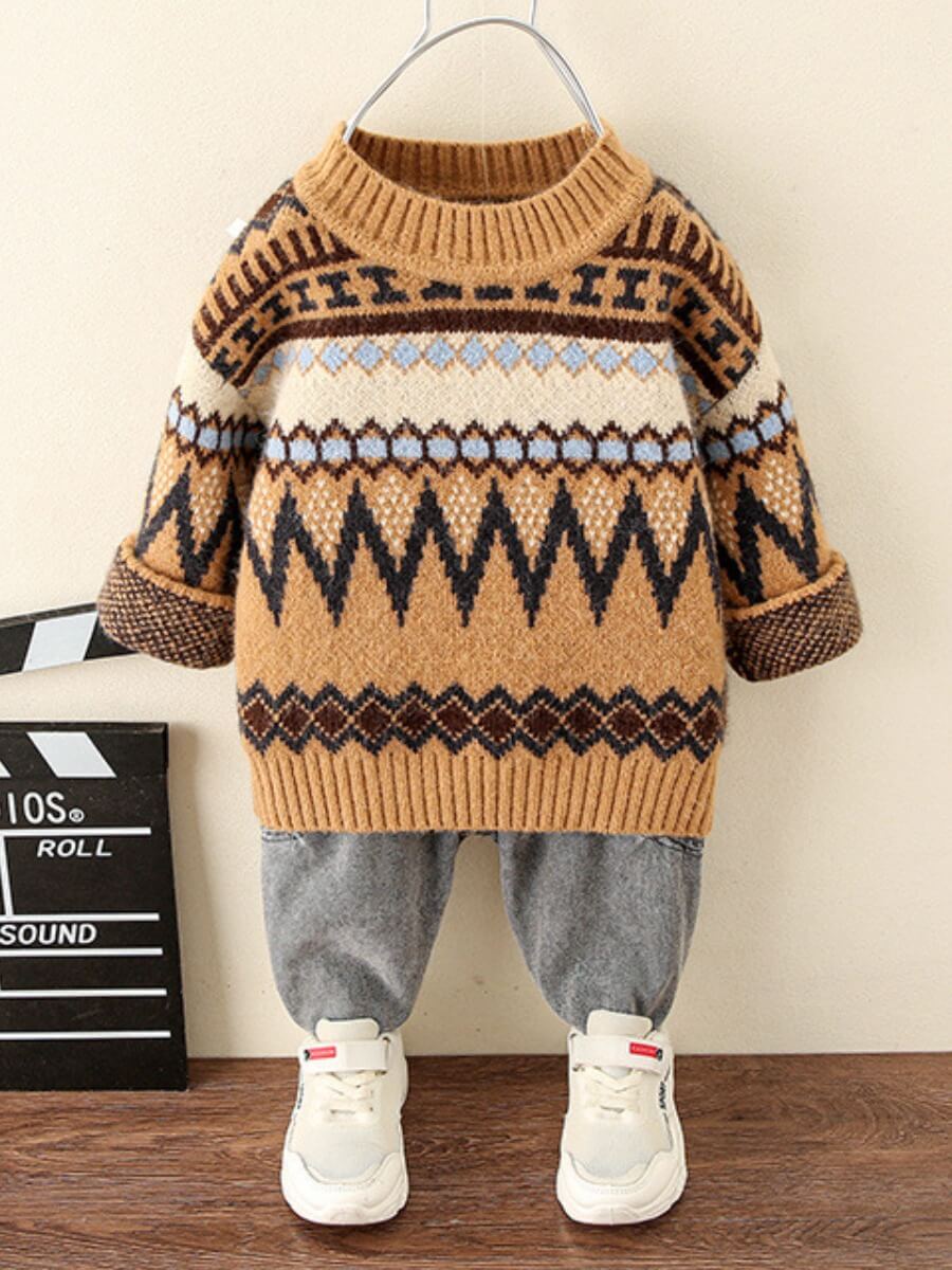 

Lovely Casual Geometric Print Patchwork Brown Boy Sweater