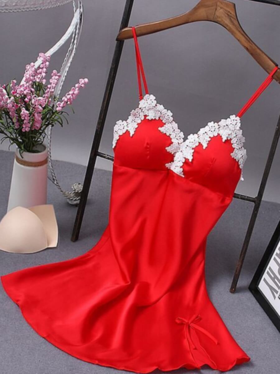 

Lovely Sweet Spaghetti Strap Lace Patchwork Red Sleepwear