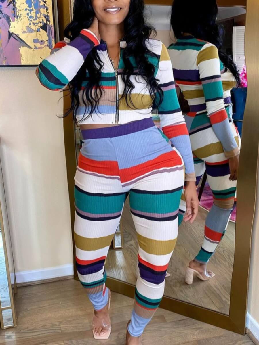 

Lovely Casual Striped Patchwork Blue Two Piece Pants Set