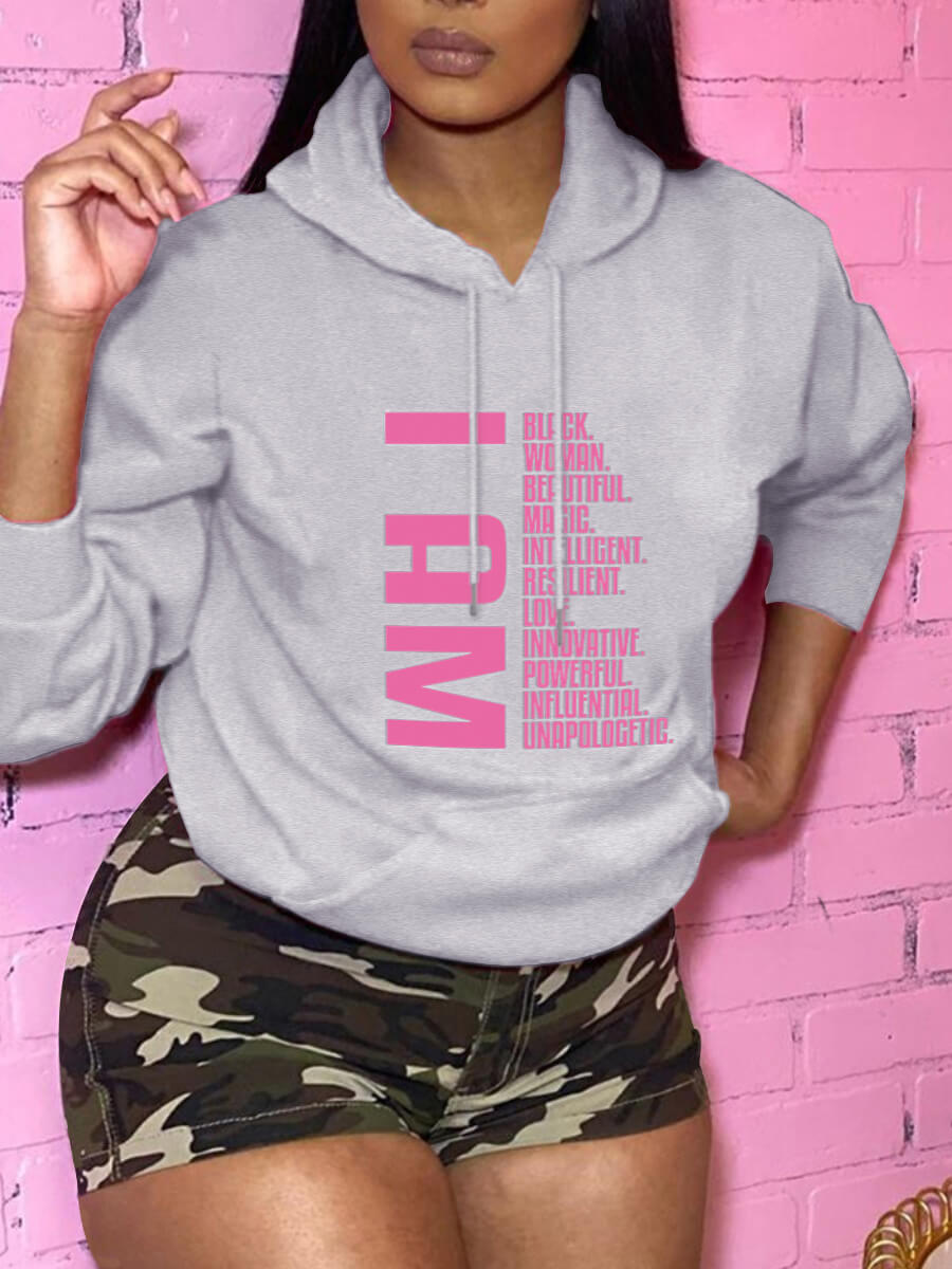 

LW Leisure Hooded Collar Letter Print Grey Hoodie