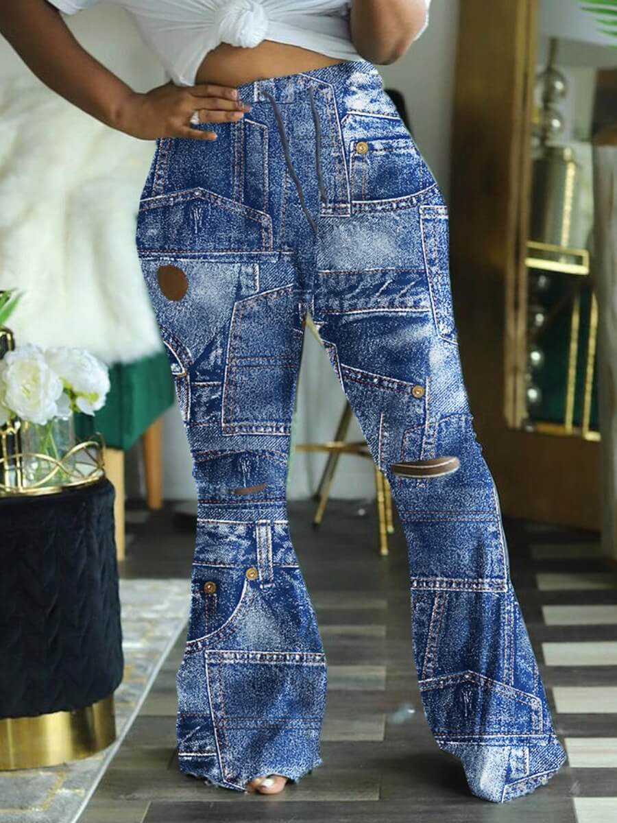 

Lovely Street Flared Print Patchwork Baby Blue Pants