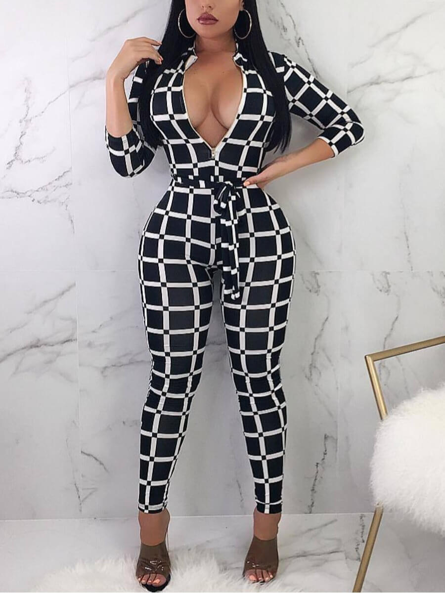 

Lovely Casual Plaid Print Patchwork Knot Design Black One-piece Jumpsuit