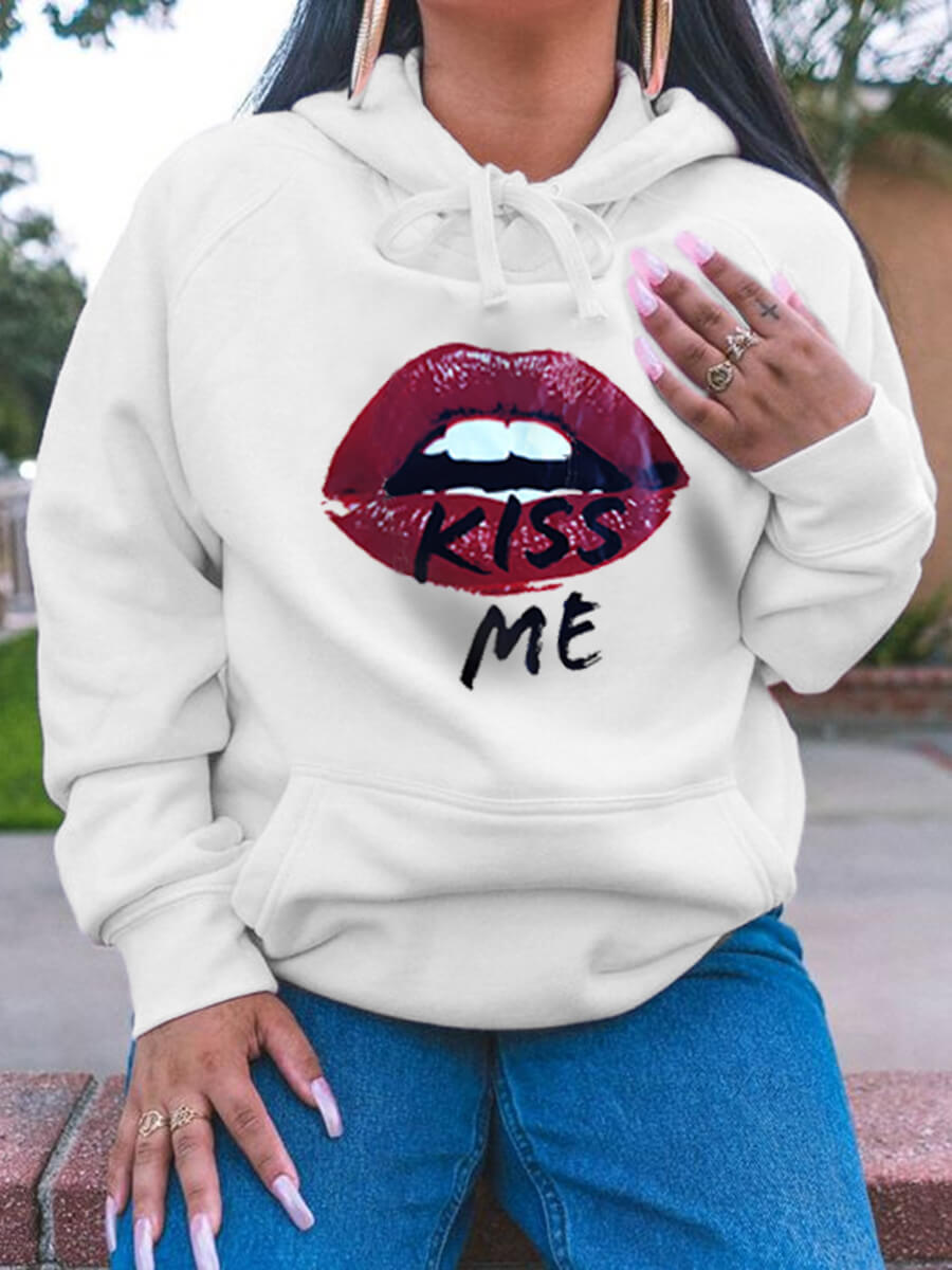 

LW Casual Lip Print Kangaroo Pocket White Hoodie