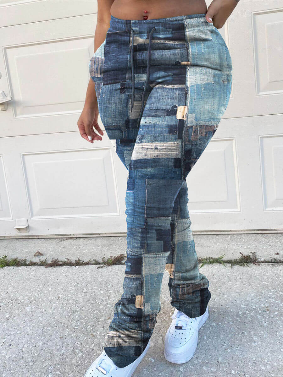 LW Plus Size Casual Print Skinny Blue Pants