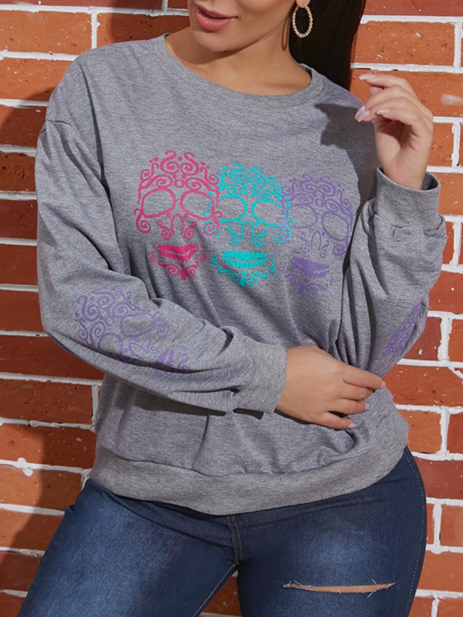 

Lovely Casual O Neck Print Looose Grey Hoodie