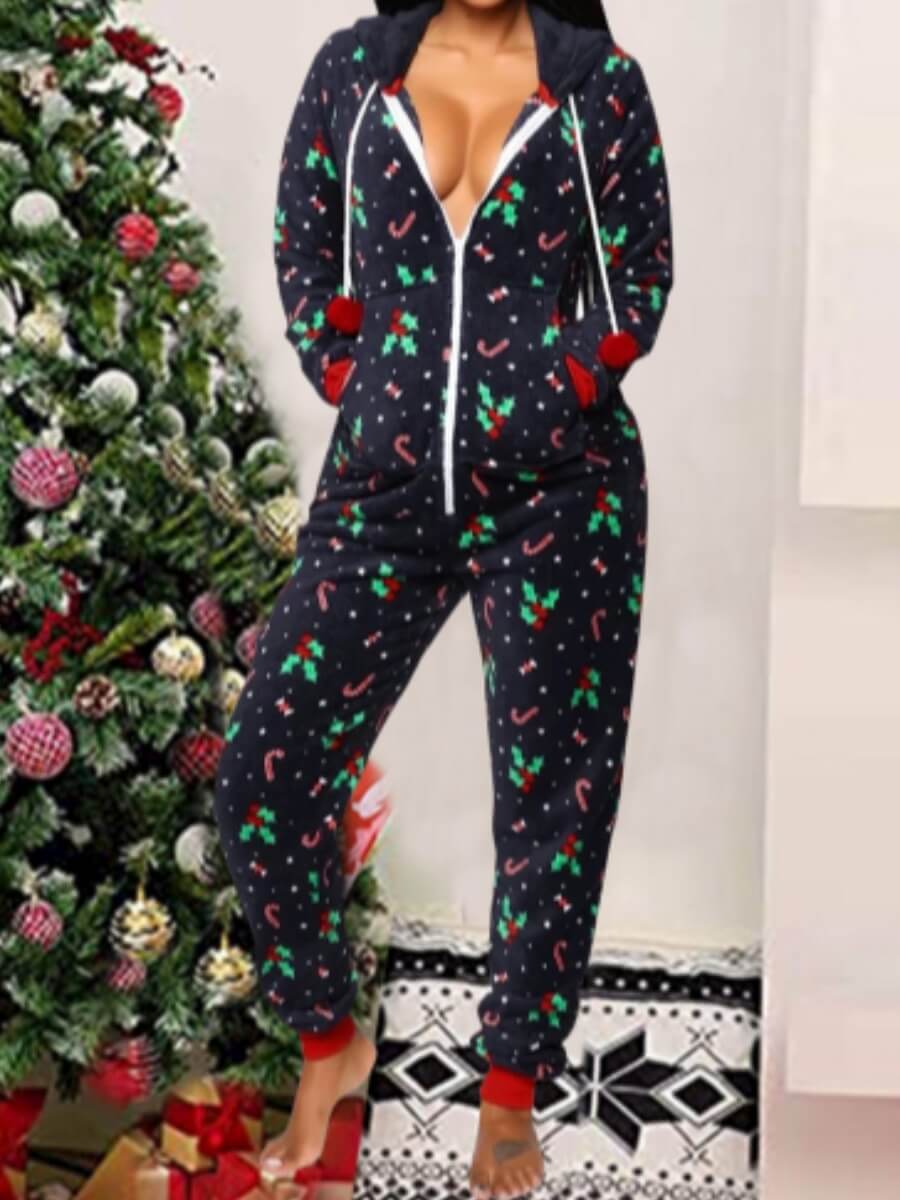 

Lovely Casual Hooded Collar Christmas Day Print Navy Blue Sleepwear