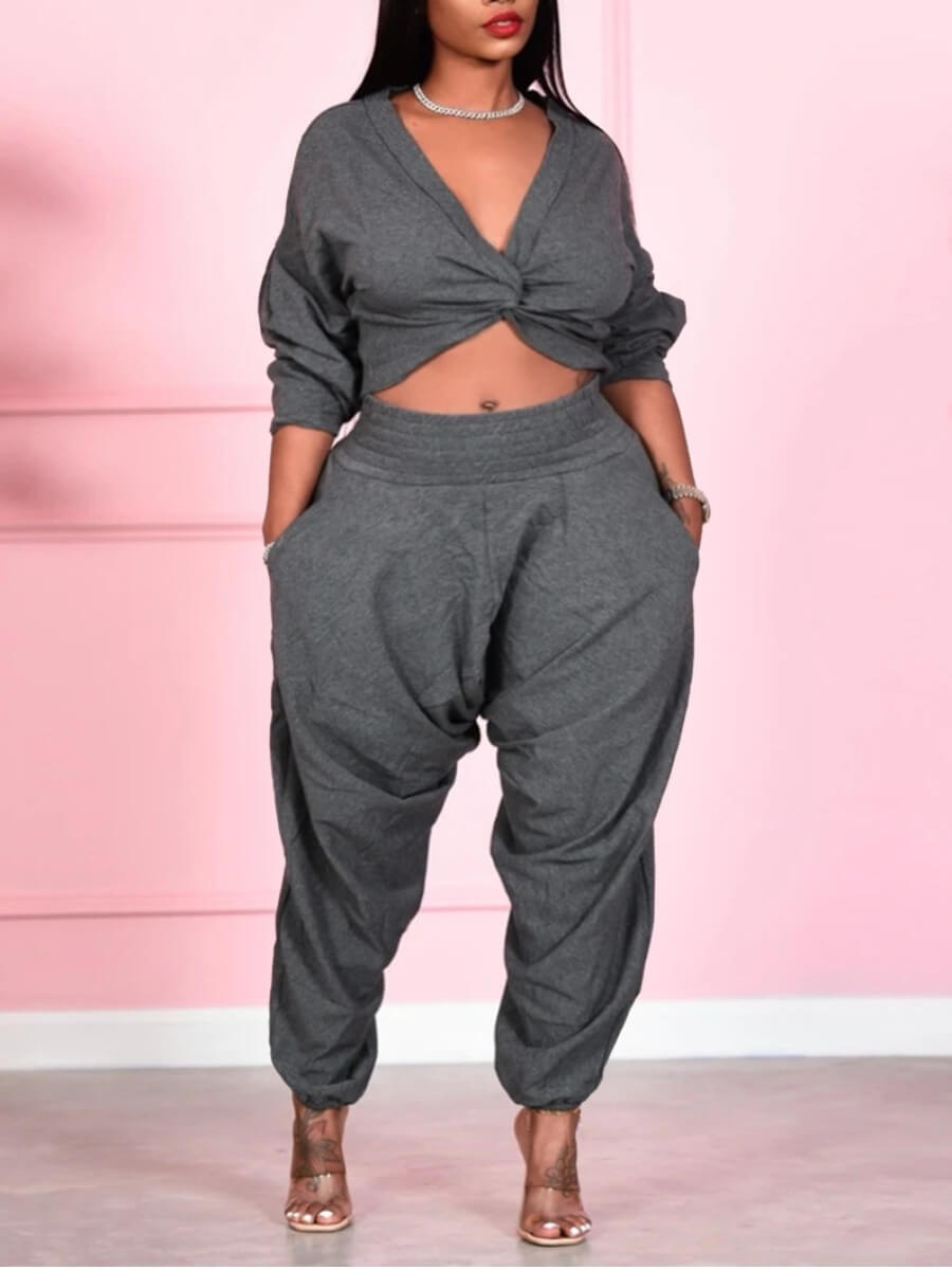 

Lovely Trendy V Neck Knot Design Grey Plus Size Two-piece Pants Set