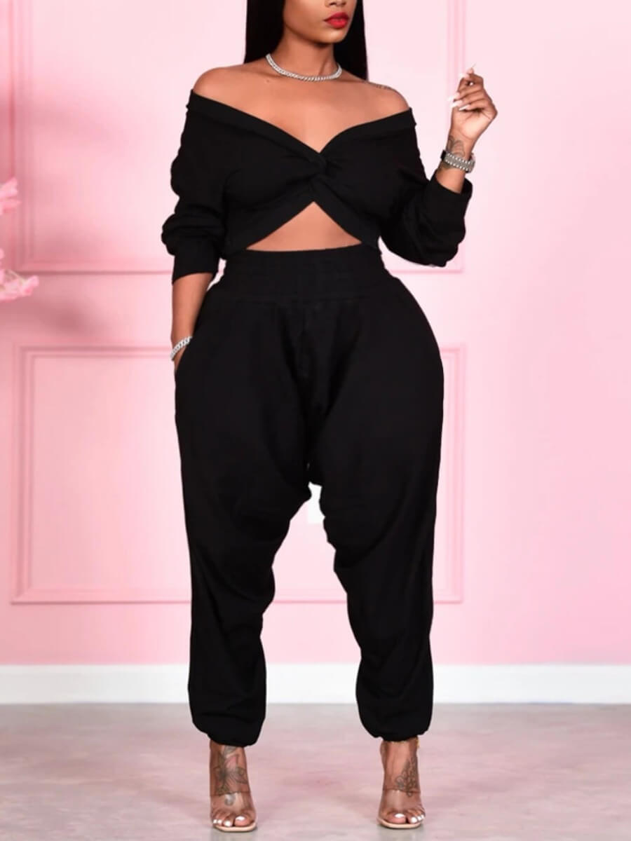

LW BASICS Plus Size Trendy V Neck Knot Design Black Two-piece Pants Set