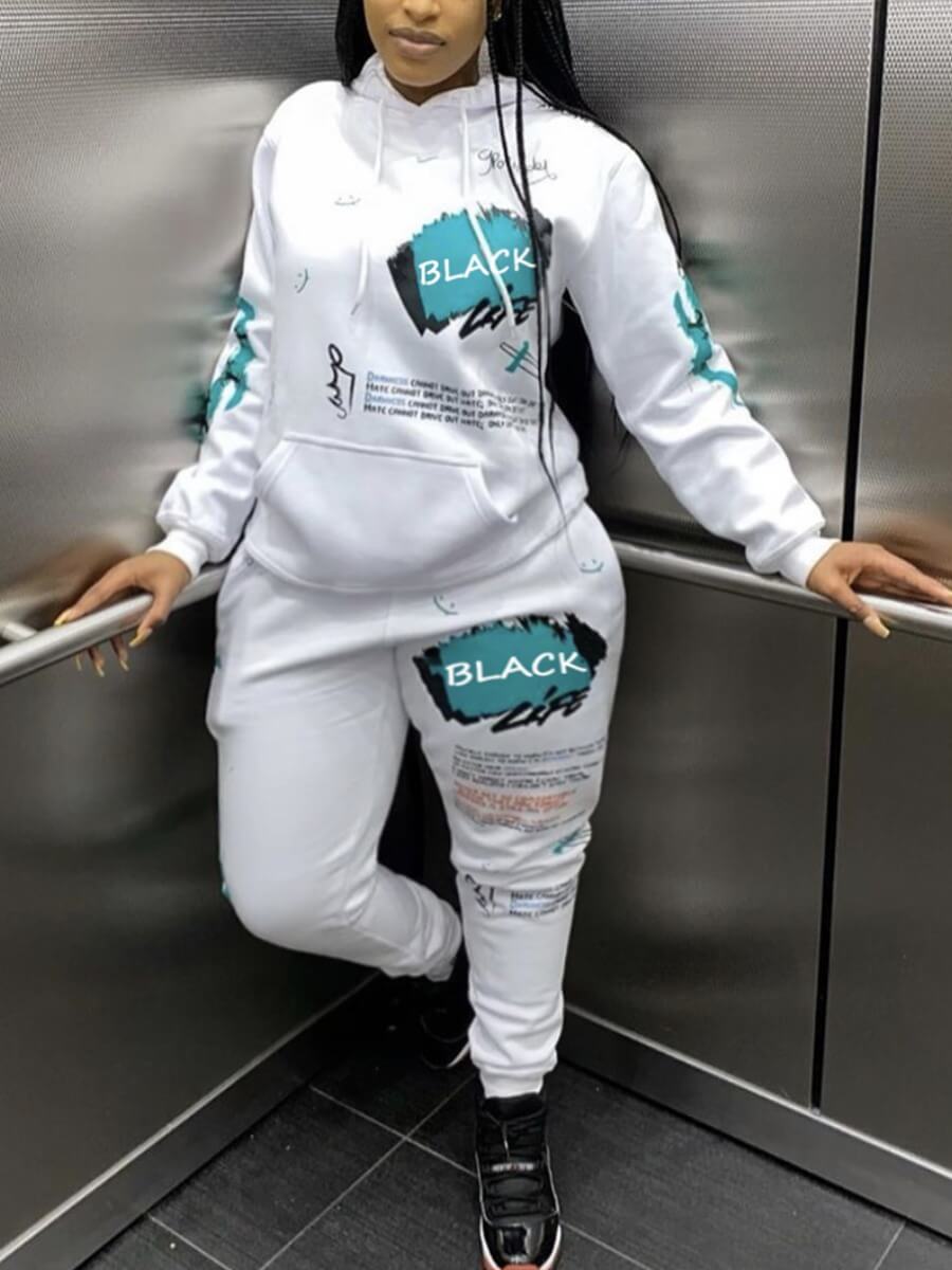 

Lovely Casual Hooded Collar Print White Plus Size Two-piece Pants Set