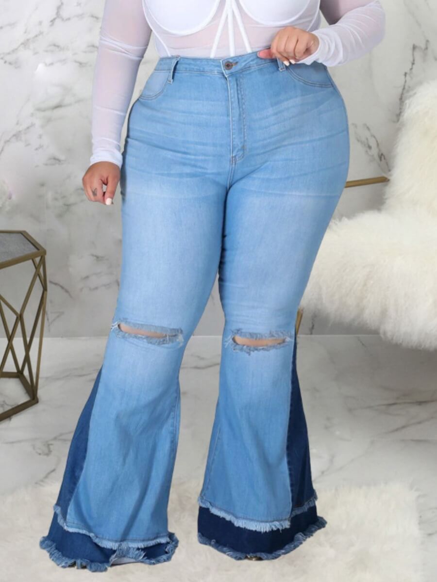 

Lovely Denim Street Patchwork Capris Regular High-waisted Zipper Fly Yes(Elastic) Stitching Way Plus Size Jeans, Baby blue