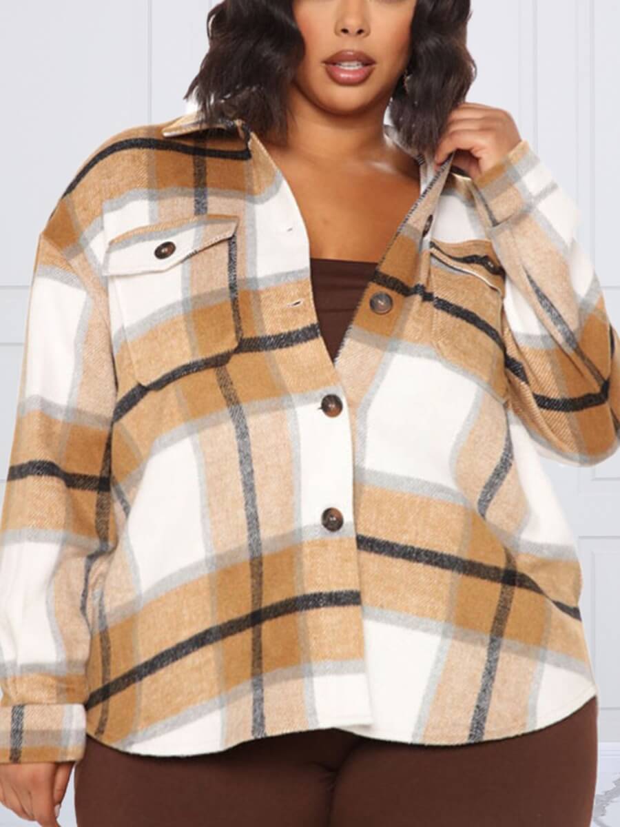 

Lovely Trendy Turndown Collar Grid Print Khaki Plus Size Blouse