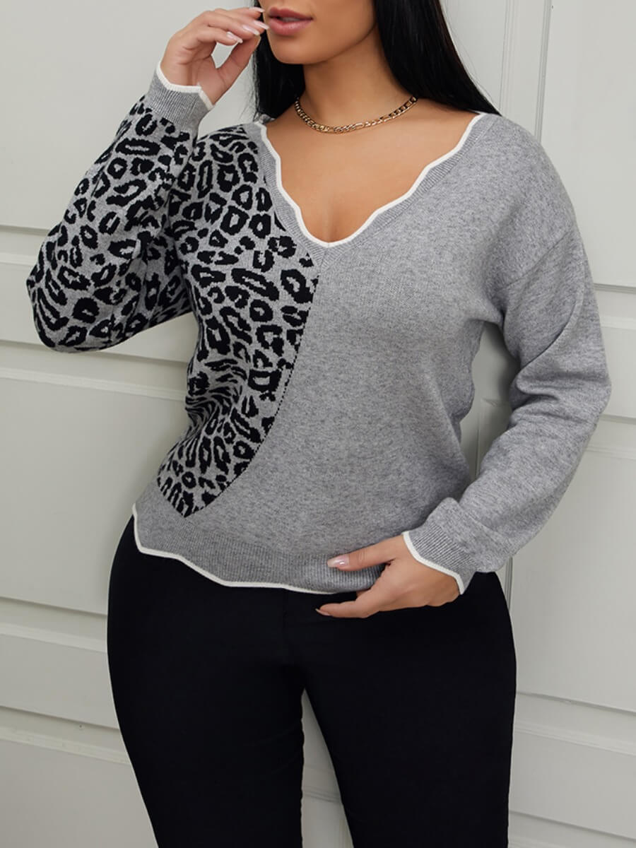 

Lovely Stylish V Neck Print Patchwork Grey Sweater