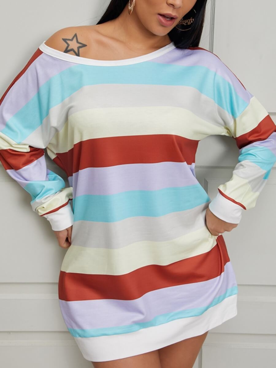 

Lovely Casual O Neck Rainbow Striped Multicolor Mini Dress, Multicolor mstn