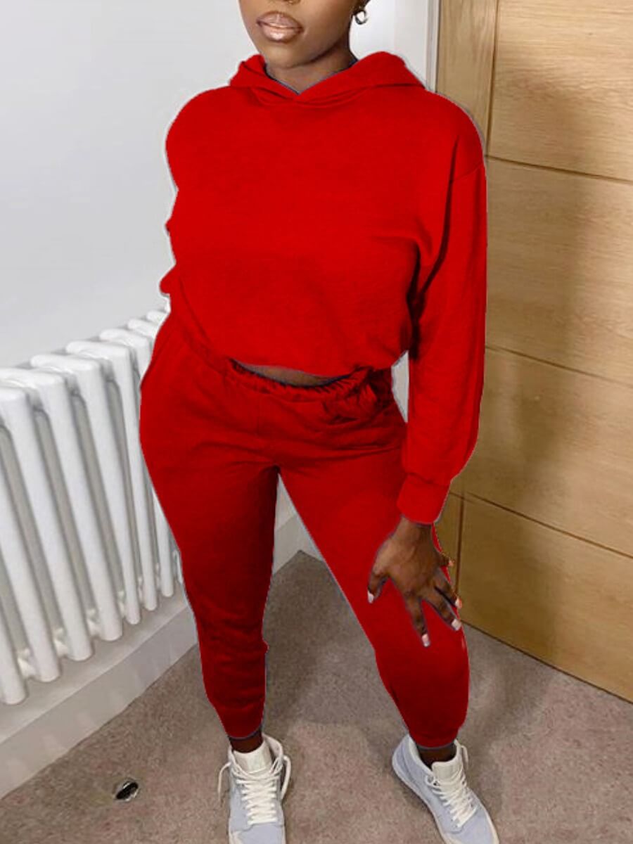 

Lovely Casual Hooded Collar Dropped Shoulder Sleeve Red Two Piece Pants Set