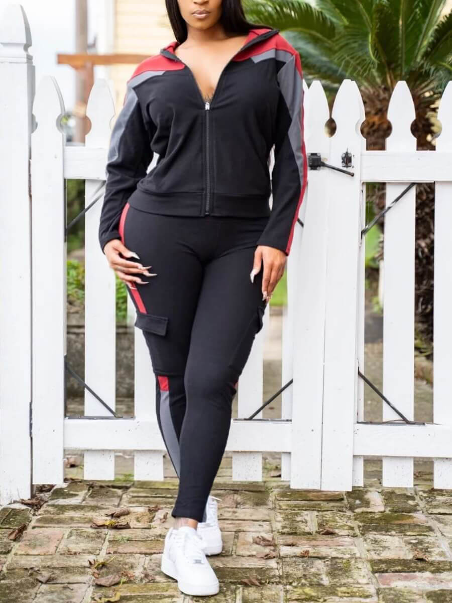 

Lovely Sportswear Striped Patchwork Side Pocket Red Plus Size Two-piece Pants Set
