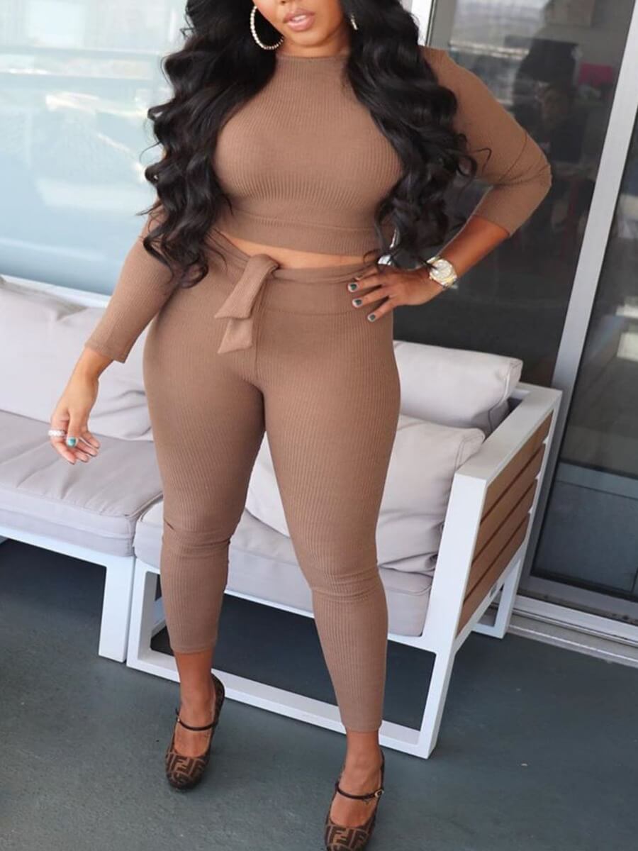 

Lovely Casual O Neck Long Sleeve Coffee Two Piece Pants Set