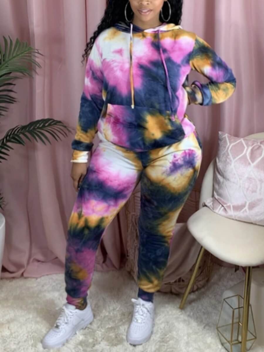 

Lovely Casual Hooded Collar Tie Dye Print Navy Blue Two Piece Pants Set