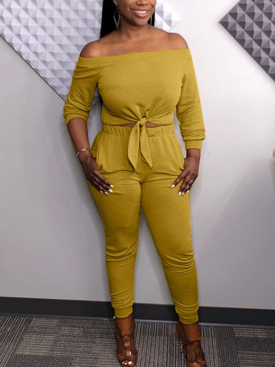 

Lovely Casual Off The Shoulder Knot Design Yellow Two Piece Pants Set