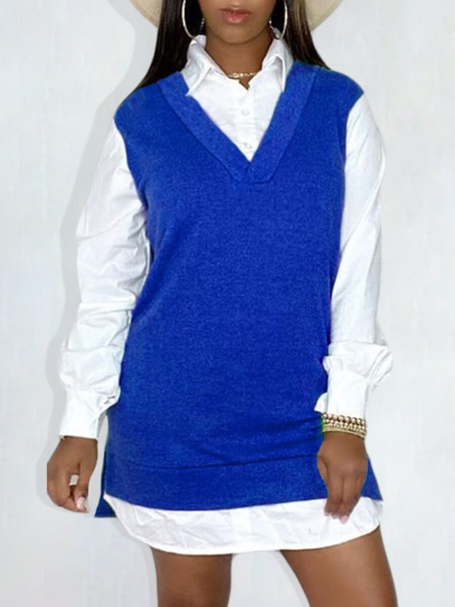 

Lovely Casual V Neck Patchwork Blue Shirt Mini Dress