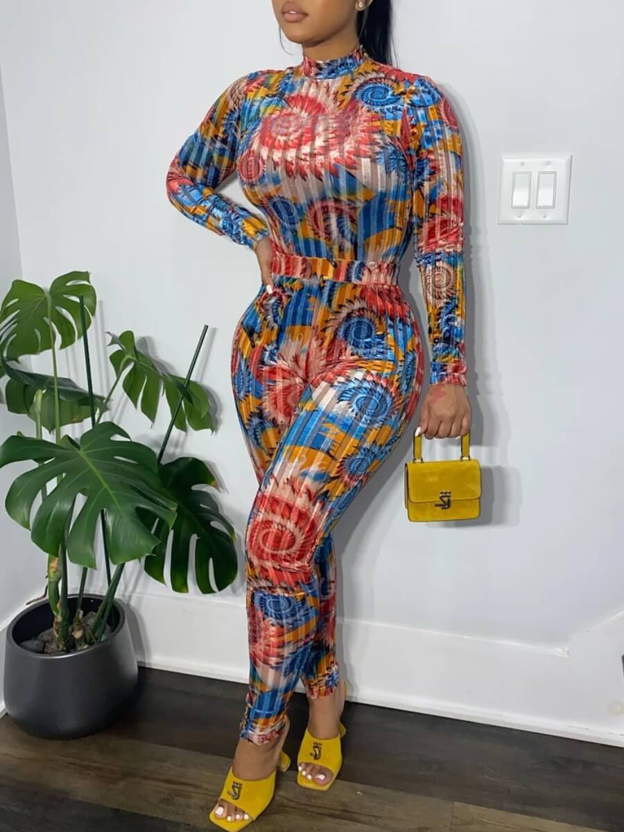 

Lovely Trendy Turtleneck Print Skinny Blue One-piece Jumpsuit