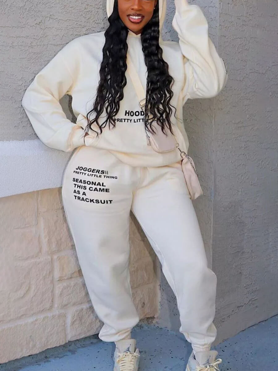 

Lovely Sportswear Hooded Collar Letter Print Creamy White Plus Size Two-piece Pants Set, Milk white